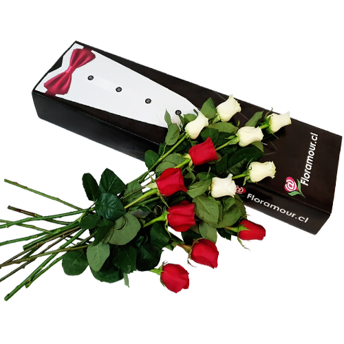 Exclusiva caja con 12 rosas presentación gráfica Tuxedo. Servicio solo en Santiago de Chile. Seleccione color de las rosas: